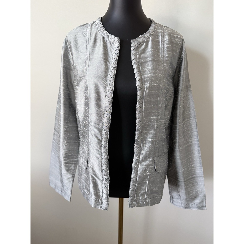 Chico's Women's 2 (L/12) Silk Braided Style Trim Open Front Jacket Silver/Gray